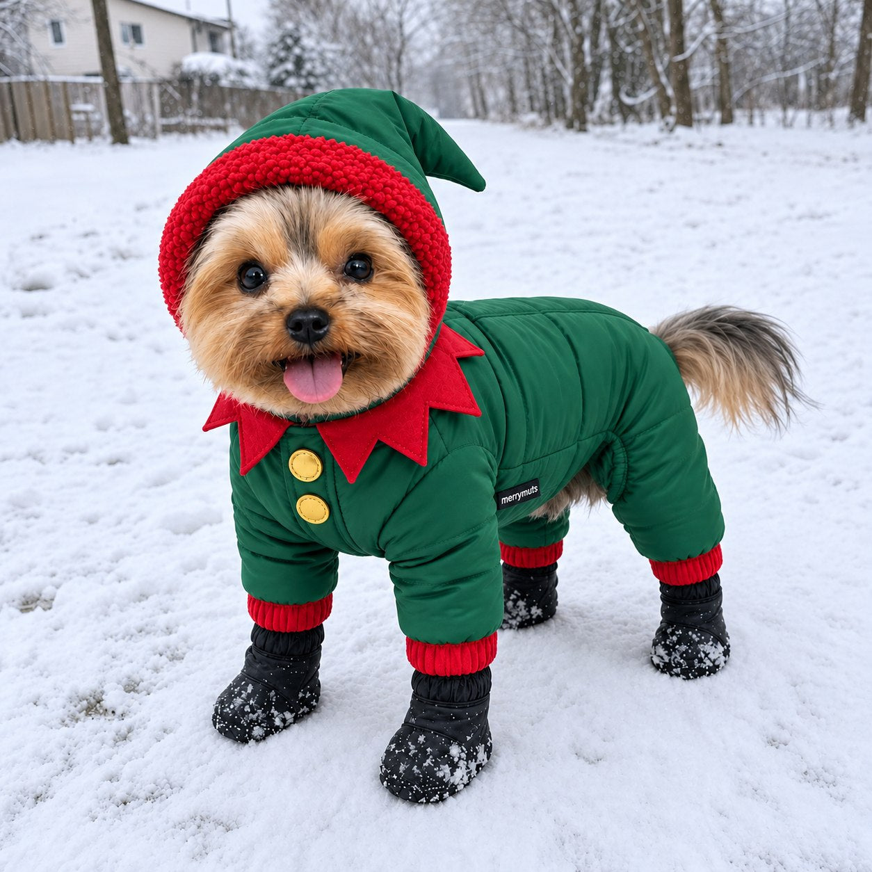 The merrymuts Elf dog snowsuit