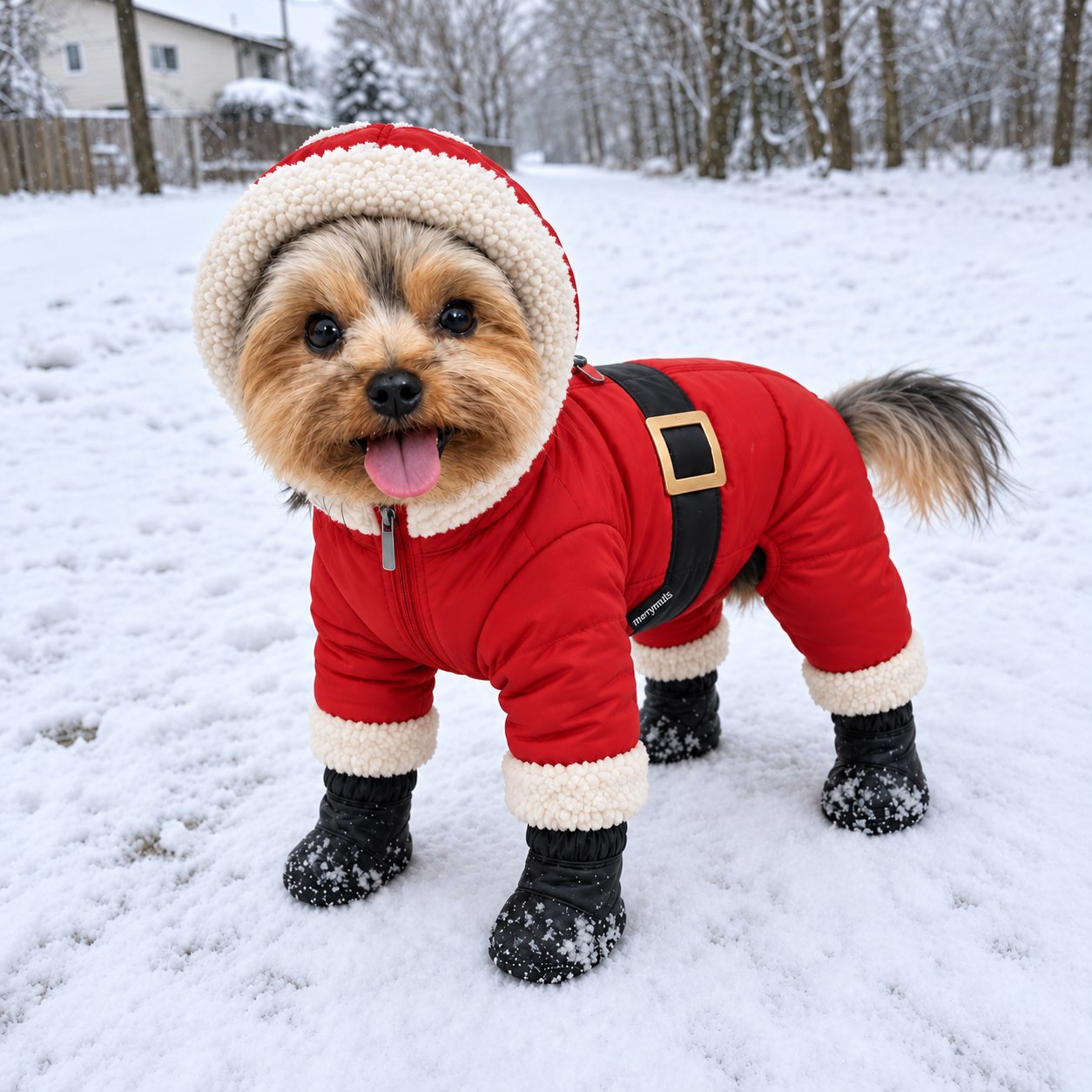 Yorkshire terrier wearing the red merrymuts Santa snowsuit in the snow