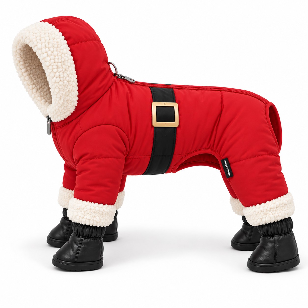Santa suit with hood, four attached boots and potty opening